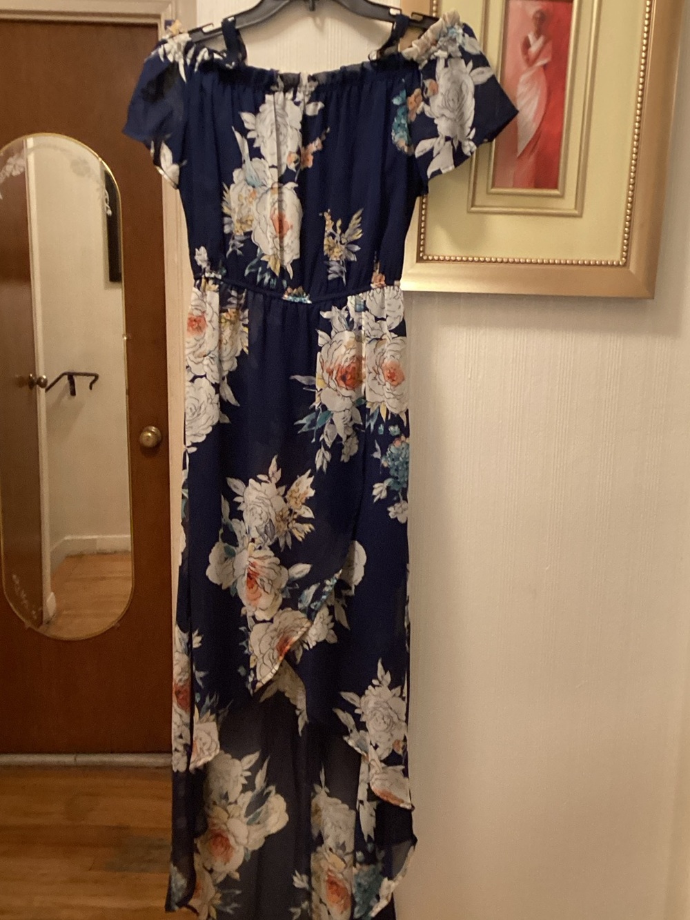 AS U WISH Navy Floral Off-Shoulder High-Low Maxi Dress